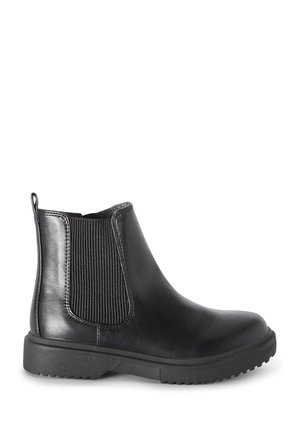 Black leather ankle boot with elastic side panel, pull tab at the back, and thick rubber sole with tread for grip.