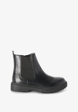 Sort læder ankelstøvle med elastisk sidespanel, trækstrop bagpå og tyk gummisål med mønster for bedre greb.