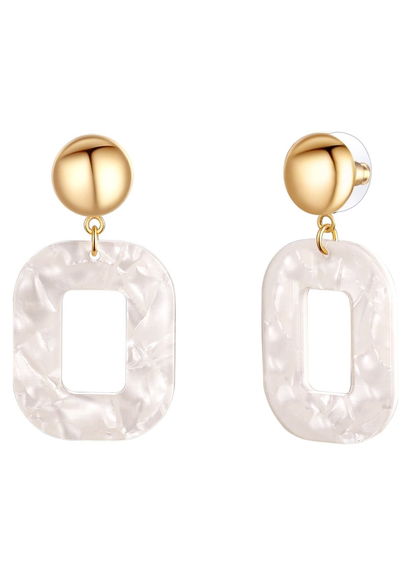 Los pendientes en tono dorado presentan un Stud redondo y una gota rectangular de acrílico transparente con una superficie texturizada.