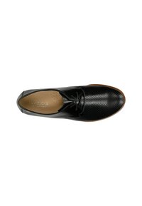 Scarpa in pelle perforata nera con punta arrotondata, design con lacci e suola in gomma marrone. All'interno è presente una soletta imbottita.
