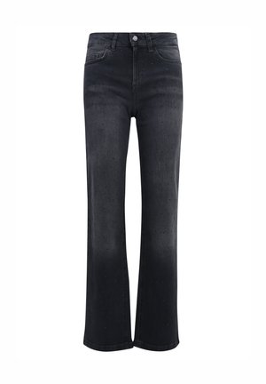Zwarte denim flared jeans met een hoge taille, voorzien van subtiele gemêleerde details en een contrasterende lichtere wassing aan de zoom.