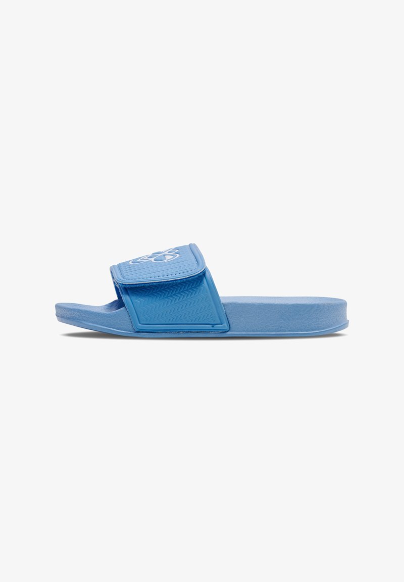 Blue slide sandal with a textured upper, adjustable strap, and a floral design. Made from lightweight material with a flat sole.