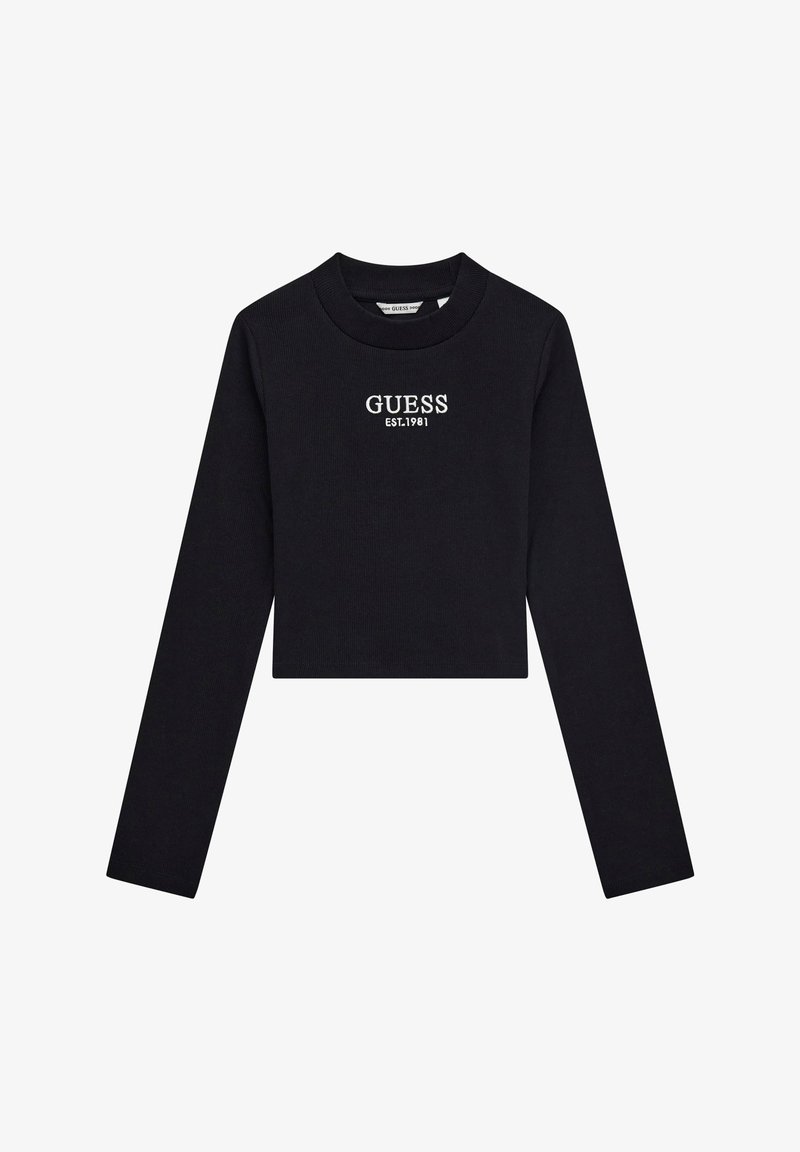 Schwarzes, tailliertes Langarmoberteil aus Rippstoff mit aufgesticktem Text "GUESS EST.1981" auf der Vorderseite. Runder Ausschnitt.