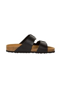 Crne kožne sandale s dva široka remena, teksturiranom pluta podlogom i izdržljivom gumenom potplatom. Klasičan model za slip-on.