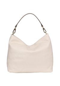 White leather handbag with a rounded shape, textured surface, and a sleek silver handle. Features a soft, slouchy design with no visible hardware.