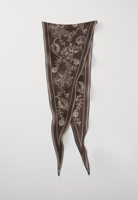Brown scarf featuring intricate floral embroidery in white, with a pointed design and decorative borders along the edges.