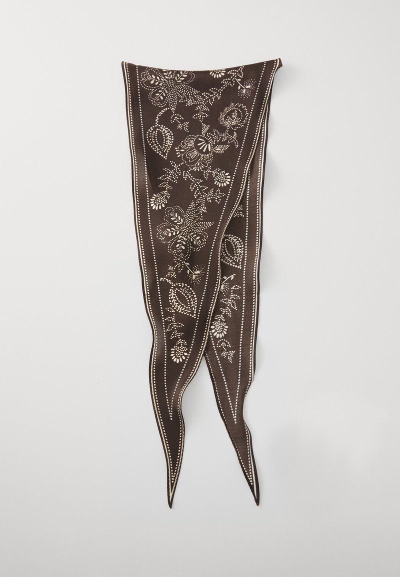 Brown scarf featuring intricate floral embroidery in white, with a pointed design and decorative borders along the edges.