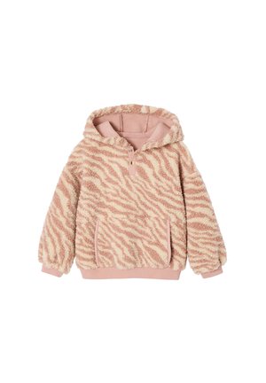 Rosa und cremefarbener Kapuzenpullover aus plüschigem Stoff, mit einem Zebramuster, Kängurutasche und gerippten Bündchen und Saum.