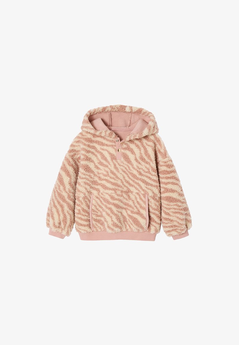 Rosa und cremefarbener Kapuzenpullover aus plüschigem Stoff, mit einem Zebramuster, Kängurutasche und gerippten Bündchen und Saum.