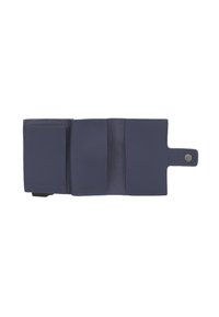 Portafoglio in pelle blu navy con una texture liscia, dotato di più scomparti per carte e chiusura a scatto. "BOGNER" impresso all'esterno.