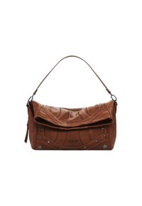Braune Lederhandtasche mit geschwungener Form, dekorativer Steppnaht und Metallakzenten. Verfügt über einen umklappbaren Deckel und einen einzelnen Schultergurt.