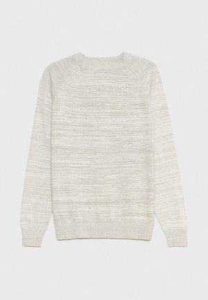 Suéter de punto gris claro con un patrón texturizado, mangas raglán, escote redondo y puños y dobladillo acanalados. Vista trasera solamente.