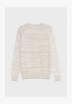 Suéter de punto gris claro con un patrón texturizado, mangas raglán, escote redondo y puños y dobladillo acanalados. Vista trasera solamente.