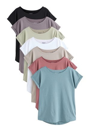 Bunke af syv T-shirts med korte ærmer og rund hals i sort, mauve, lys grøn, hvid, beige, støvet lyserød og lyseblå farver.