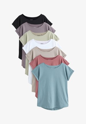 Stapel von sieben kurzärmeligen T-Shirts mit Rundhalsausschnitt in Schwarz, Mauve, Hellgrün, Weiß, Beige, Staubrosa und Hellblau.
