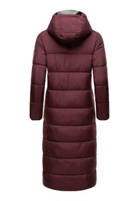 Burgundy puffer coat with a hood, featuring a quilted design and long sleeves. The material has a smooth finish and a slightly shiny texture.