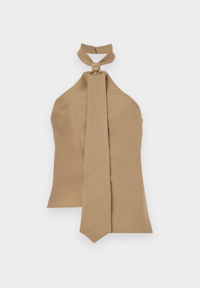 Beige halterneck-top med knutedetalj ved halsen og et langt, avtagende bånd. Laget av teksturert stoff; har glidelås bak for lukking.