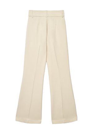 Pantaloni beige a gamba larga con passanti per cintura, pieghe frontali e vita alta, mostrati distesi su uno sfondo bianco.