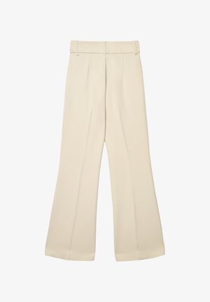 Beżowe spodnie o szerokich nogawkach z szlufkami na pasek, przednimi plisami i wysokim stanem, przedstawione na płasko na białym tle.