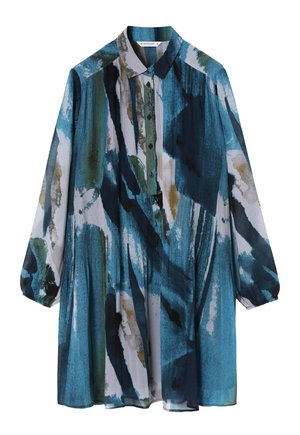 Abito camicia a maniche lunghe con un motivo astratto blu, verde e bianco, texture plissettata, colletto e dettaglio con bottoni sulla parte frontale.
