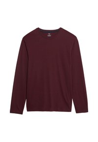 T-shirt à manches longues bordeaux en coton doux, doté d'un col rond et d'une texture lisse sans motifs ni accents visibles.