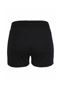 Zwarte sportieve shorts van een zachte, textuurrijke stof. Voorzien van een elastische tailleband en een snit tot halverwege de dij met geen zichtbare zakken.