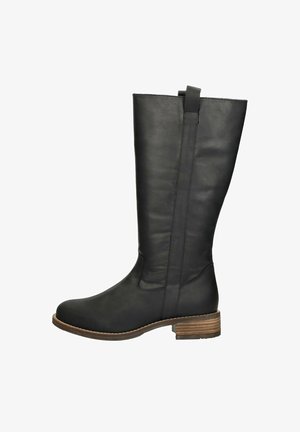 Bottes noires en cuir, hauteur genoux, avec un bout rond, un dessus texturé et un talon en bois empilé. Comprend une languette à l'arrière pour un enfilage facile.