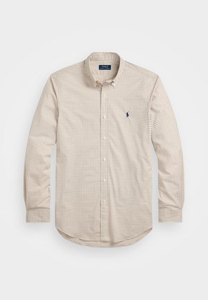 Beige-wit geruit overhemd met lange mouwen en knopen, met een knoopsluiting bij de kraag en een klein marineblauw Polo Ralph Lauren-logo op de linkerborst.