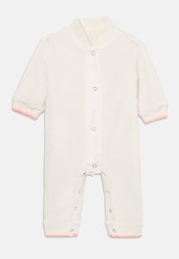 Kremfarget babydress med korte ermer, trykknappåpning foran og lyserosa detaljer på mansjettene. Mykt jersey-stoff.