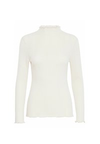 Camiseta de manga larga blanca de canalé con cuello alto y dobladillo ondulado, que presenta una textura suave y una silueta ajustada.