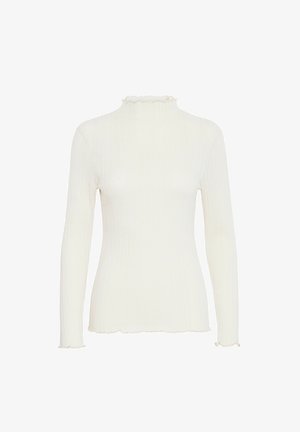 Camiseta de manga larga blanca de canalé con cuello alto y dobladillo ondulado, que presenta una textura suave y una silueta ajustada.