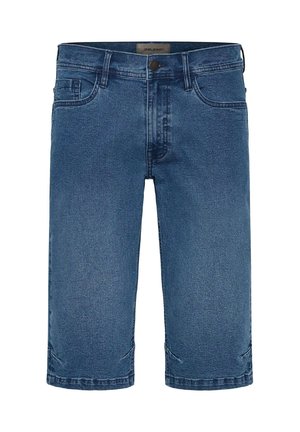 Herren blaue Jeans-Kniebund-Shorts mit Frontknopfverschluss und fünf Taschen, gerade Beinweite.
