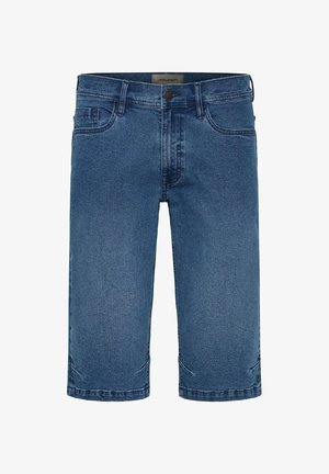 Herren blaue Jeans-Kniebund-Shorts mit Frontknopfverschluss und fünf Taschen, gerade Beinweite.