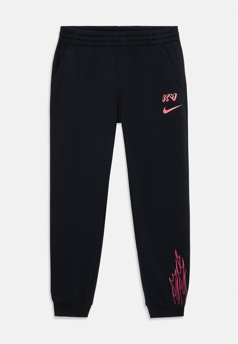 Black sweatpants with a ribbed waistband, side pockets, pink Nike logo, and flame graphic accent on the left leg. Made from soft fabric.