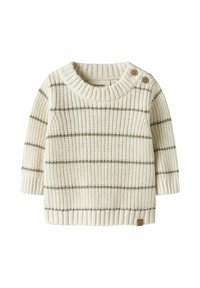 Krem genser med horisontale olivengrønne striper, ribbet krage og mansjetter, teksturert stoff, og to knappedetaljer på skulderen.