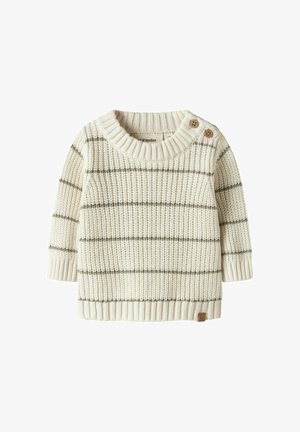 Krēmkrāsas džemperis ar horizontālām olīvu zaļām svītrām, ribveida apkakli un aprocēm, fakturētu audumu un divām pogu detaļām uz pleca.