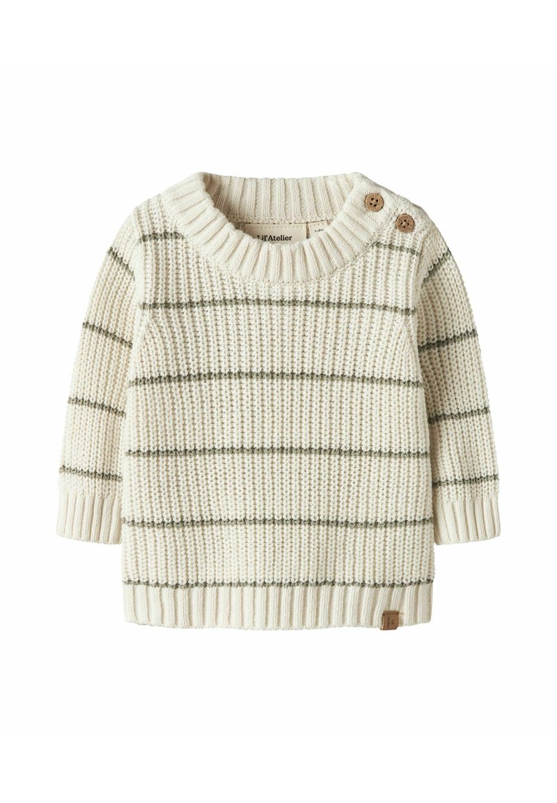 Krem genser med horisontale olivengrønne striper, ribbet krage og mansjetter, teksturert stoff, og to knappedetaljer på skulderen.