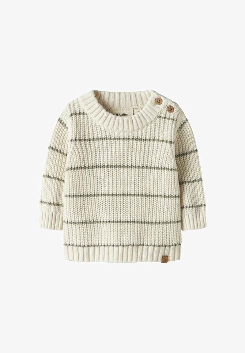 Krem genser med horisontale olivengrønne striper, ribbet krage og mansjetter, teksturert stoff, og to knappedetaljer på skulderen.