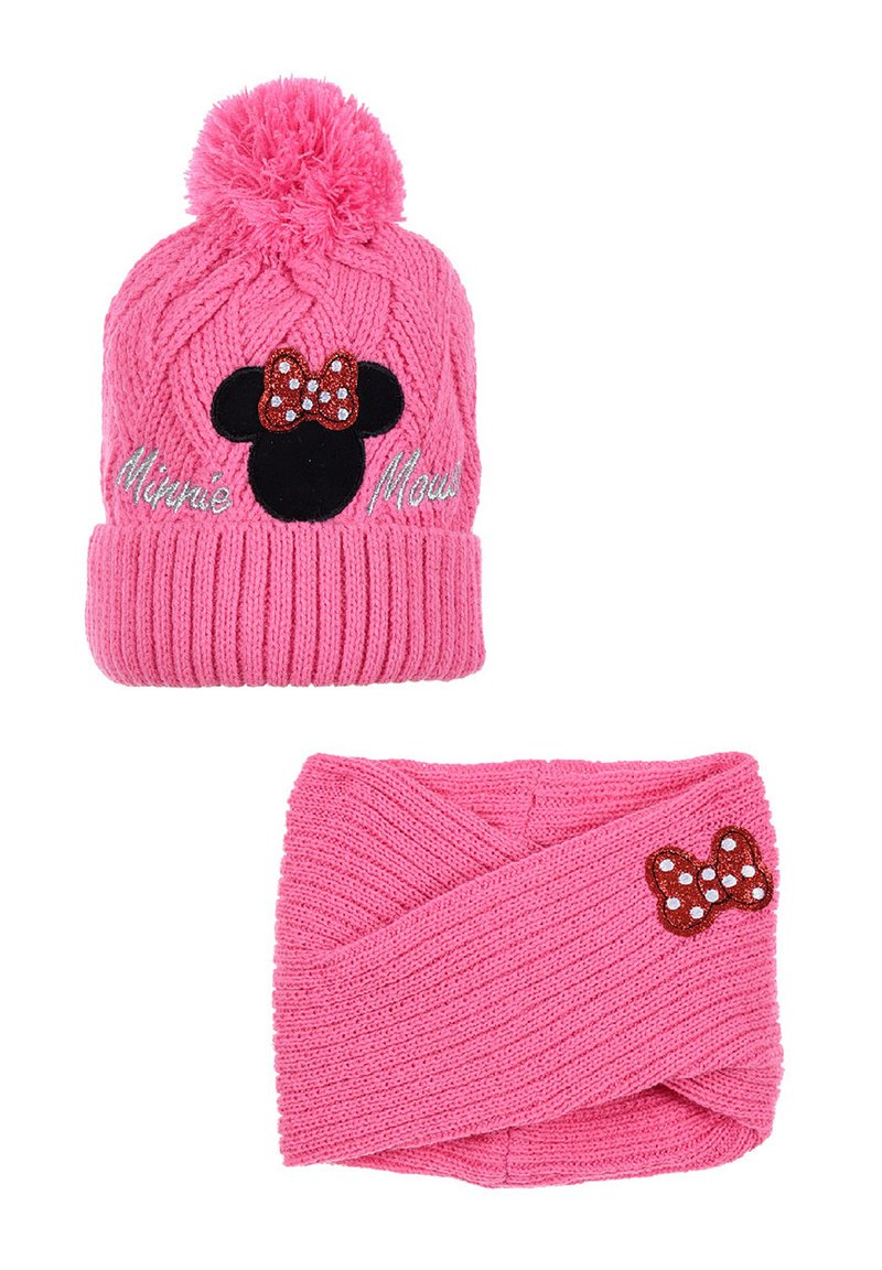 Berretto di maglia rosa con pom-pom, con un volto di Minnie Mouse nero e un fiocco rosso luccicante. Fascia per capelli in maglia con un dettaglio simile del fiocco.