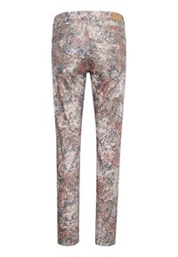 Slim-fit bukser med et flerfarvet abstrakt blomstermønster, der har baglommer og et lædermærke på livet.
