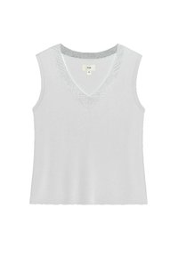 Haut sans manches gris clair avec un décolleté en V et une bordure en dentelle texturée autour du col, fabriqué à partir d'un tissu doux et lisse. Étiquette de taille : S.