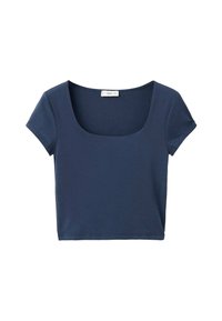 Námorně modrý krátký rukáv crop top se čtvercovým výstřihem, vyrobený z hladké tkaniny, s přiléhavým střihem a čistým lemem.