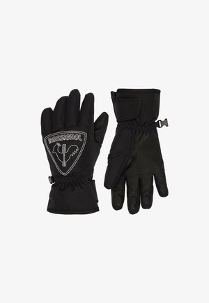 Gants noirs avec une coque imperméable, des accents en cuir, des poignets élastiques et un patch logo avec broderie blanche.