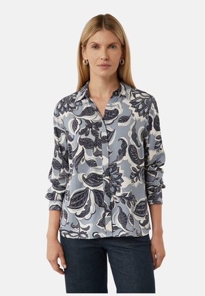 Blauwe bloeprint blouse met een kraaghals, knoopsluiting aan de voorkant en lange mouwen. Heeft een gladde, zachte stof en ingewikkelde bladcursussen.