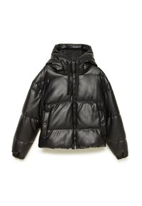 Giubbotto trapuntato nero in ecopelle lucida. Presenta un cappuccio, chiusura con zip, polsini elastici e tasche con chiusura a pressione.