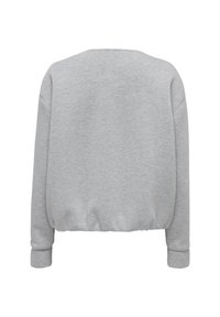 Sweatshirt court gris clair avec un col rond, des poignets et une ceinture côtelés, fabriqué en tissu doux et lisse. Vue arrière montrée.