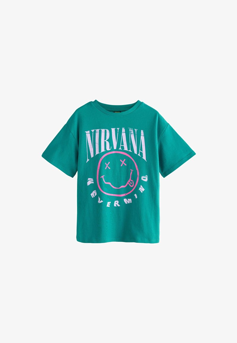 T-shirt vert à manches courtes avec texte « Nirvana » rose et un smiley rose avec les yeux barrés et la langue tirée.