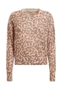 Lekki, krótki sweter w delikatnym różu z beżowym wzorem w panterkę. Posiada długie rękawy, okrągły dekolt oraz ribbowe wykończenie.