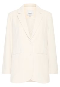 Bílá sametová blazer s klopami, předními knoflíky a dvěma bočními kapsami, vyznačující se měkkou texturou a přiléhavým střihem.