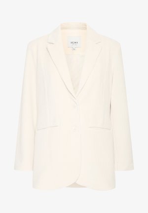 White corduroy blazer with a notch lapel, front buttons, and two side pockets, featuring a soft texture and a tailored fit.